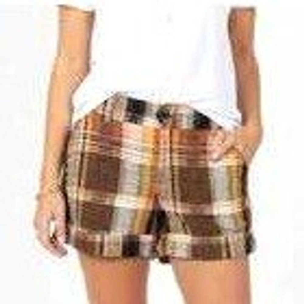 Elevenses Brown Plaid Shorts; Textured Cotton Blend Cuffed Hem Size 10